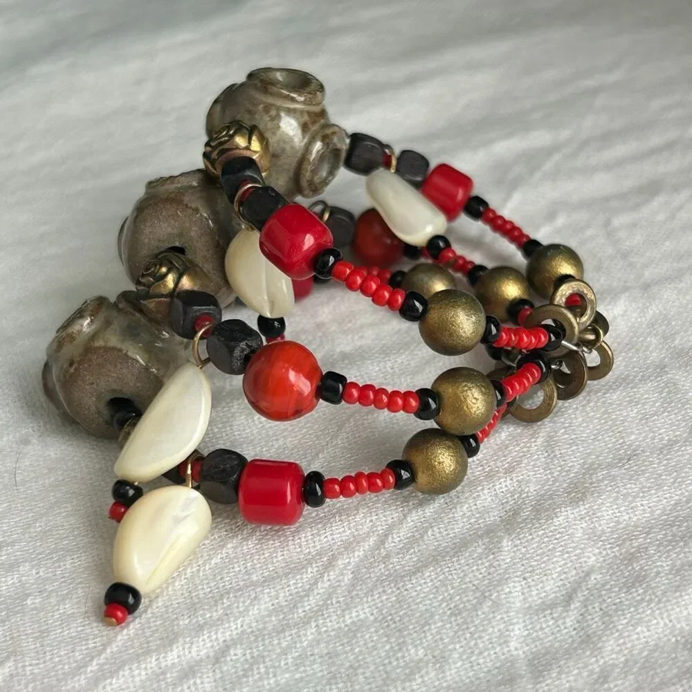 Ceramic Glass and Shell Beaded Memory Wire Bracelet